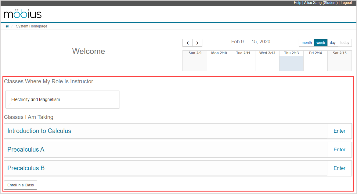 An additional heading of "Classes Where My Role Is Instructor" is shown in the Class List pane when a user has an instructor role in a class.